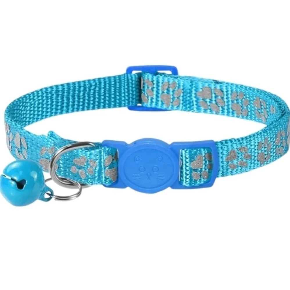 Adjustable Reflective Footprint with Bell Dog Cat Collar Nylon Sky Blue‎